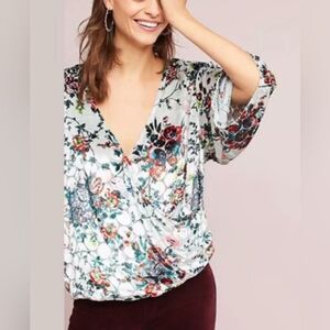 Maeve Umi Velvet Polka Dot Floral Wrap Kimono Sleeve Blouse for Anthropologie
